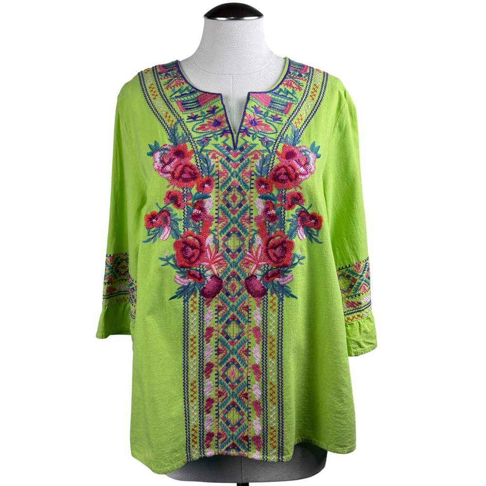 Caleoas Lime Green Embroidered Cotton Boho Tunic Top Womens Size PL